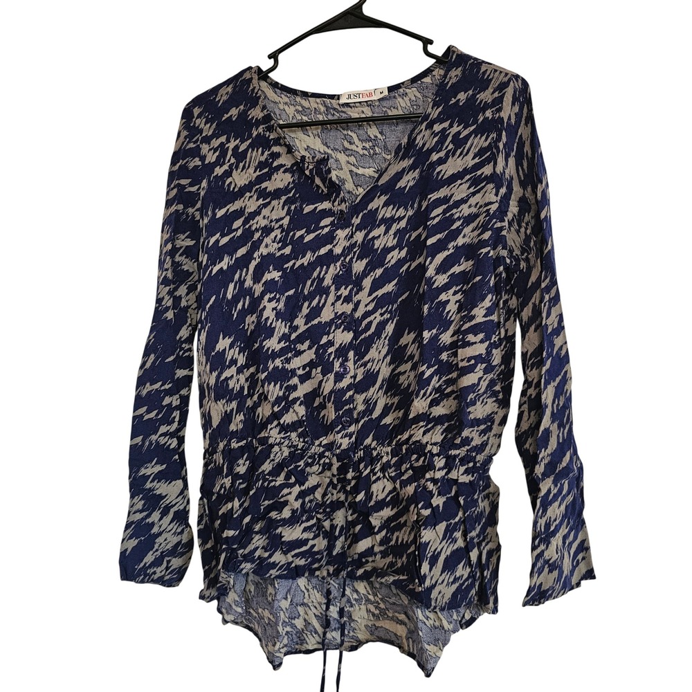 JUSTFAB Blue Tan Abstract Print Tunic Top Long Sleeve Drawstring Waist M
